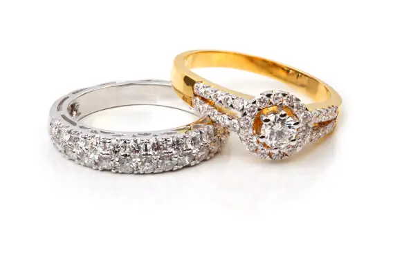 Diamond rings; gold and silver bands.